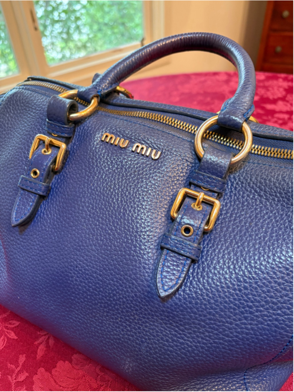 Miu Miu Blue Leather Satchel Bag With Gold Hardware